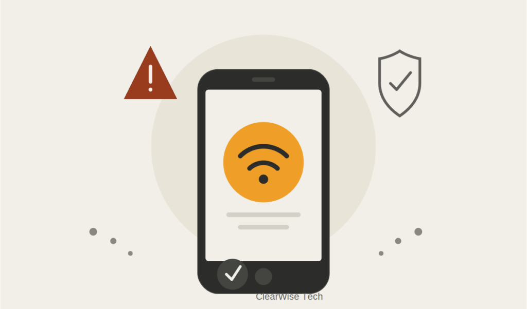 cell phone with wifi symbol an warning