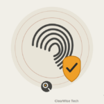 fingerprint built from nested arcs, faint radar rings behind it suggesting active monitoring, and a shield with a checkmark anchored where the print would meet a fingertip